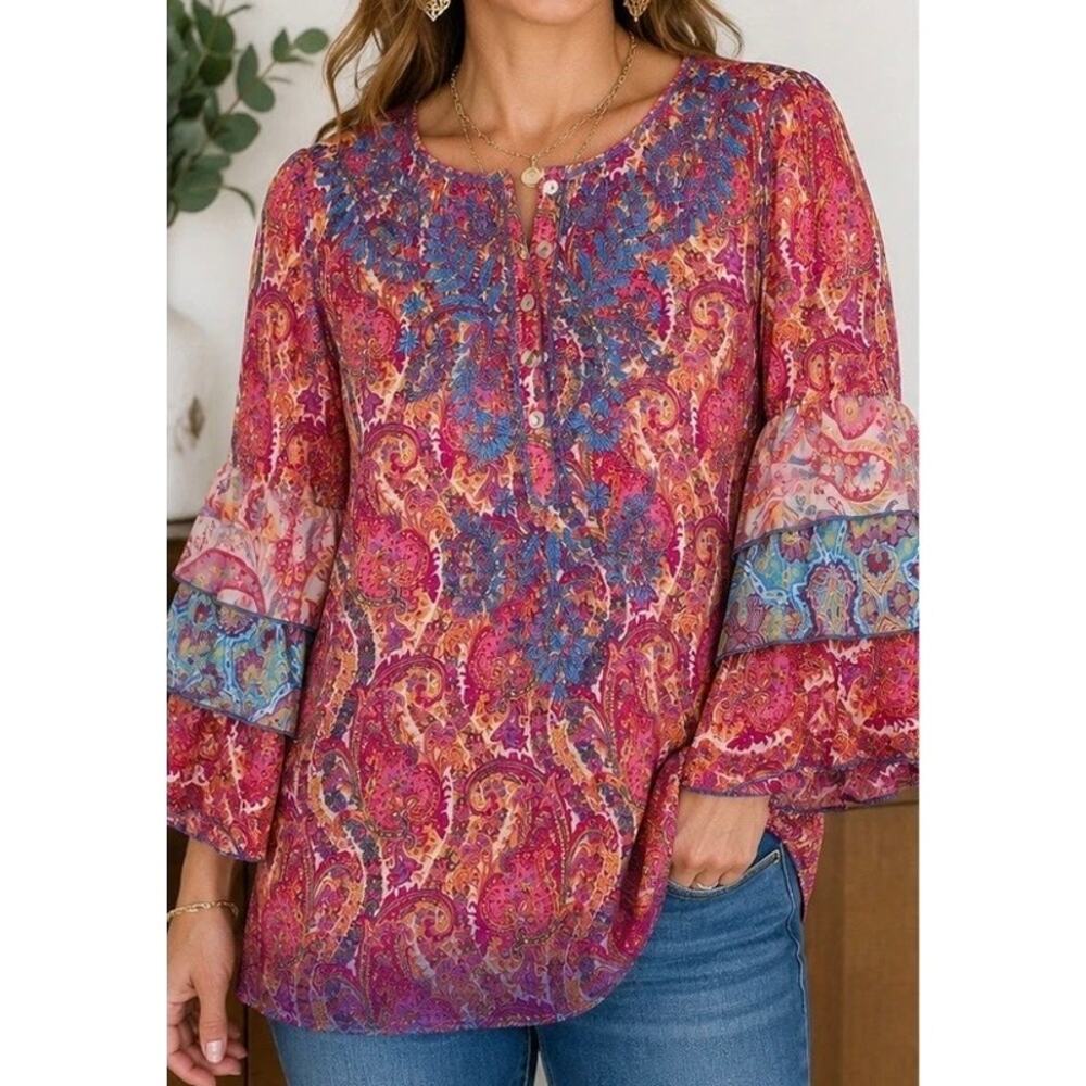 NWT John Mark Embroidered Floral Paisley Ruffle Tiered Sleeve Sz Large